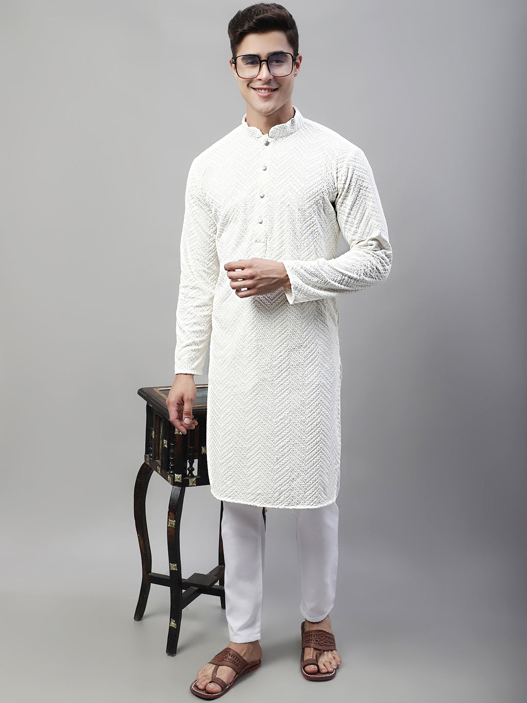 Men White Embroidered Sequinned Kurtas