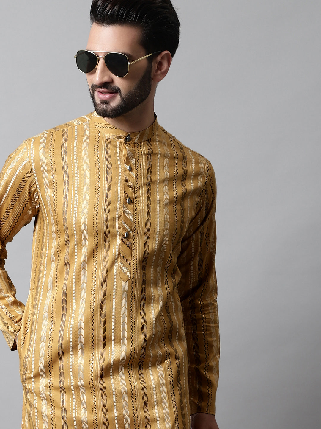 Men Beige Foil Printed Kurtas