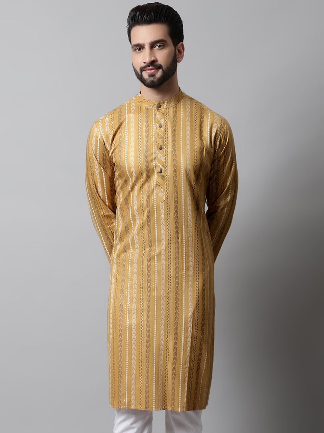 Men Beige Foil Printed Kurtas