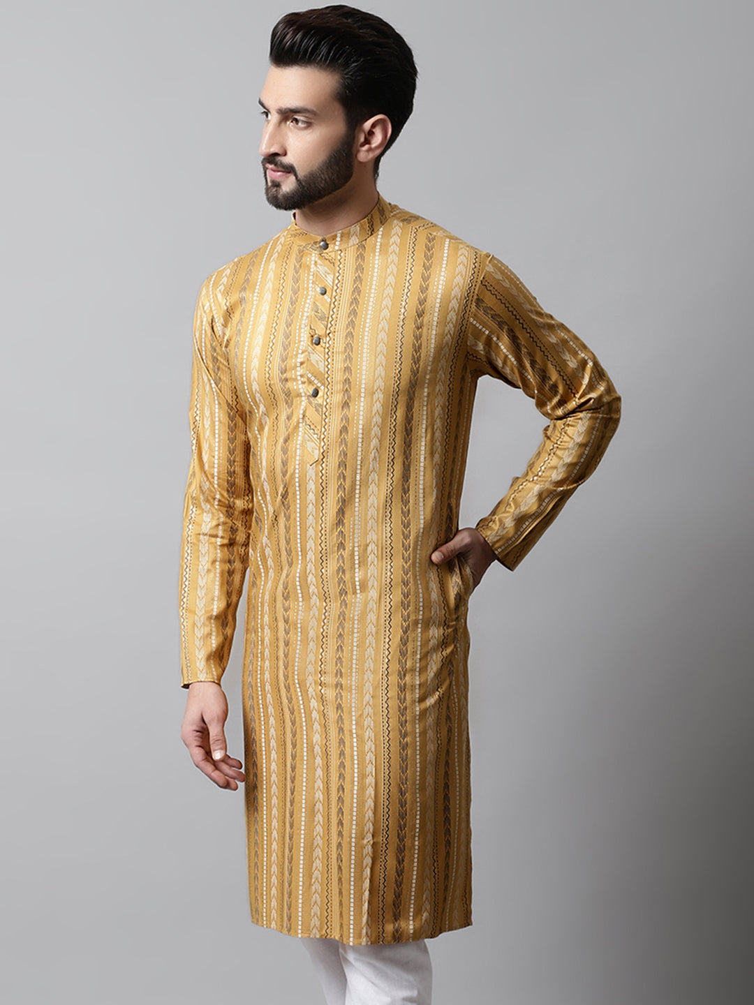 Men Beige Foil Printed Kurtas