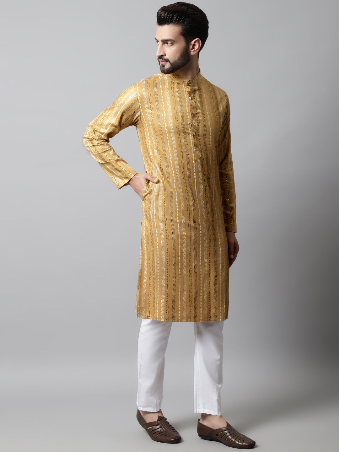 Men Beige Foil Printed Kurtas