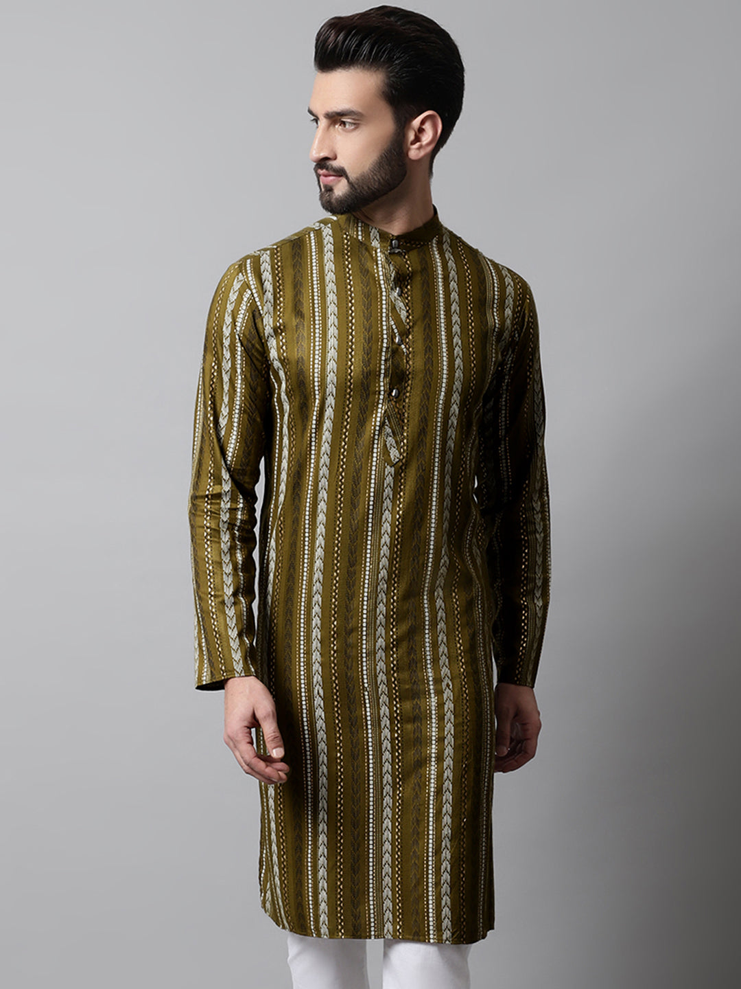 Men Olive Green Foil Printed Kurtas