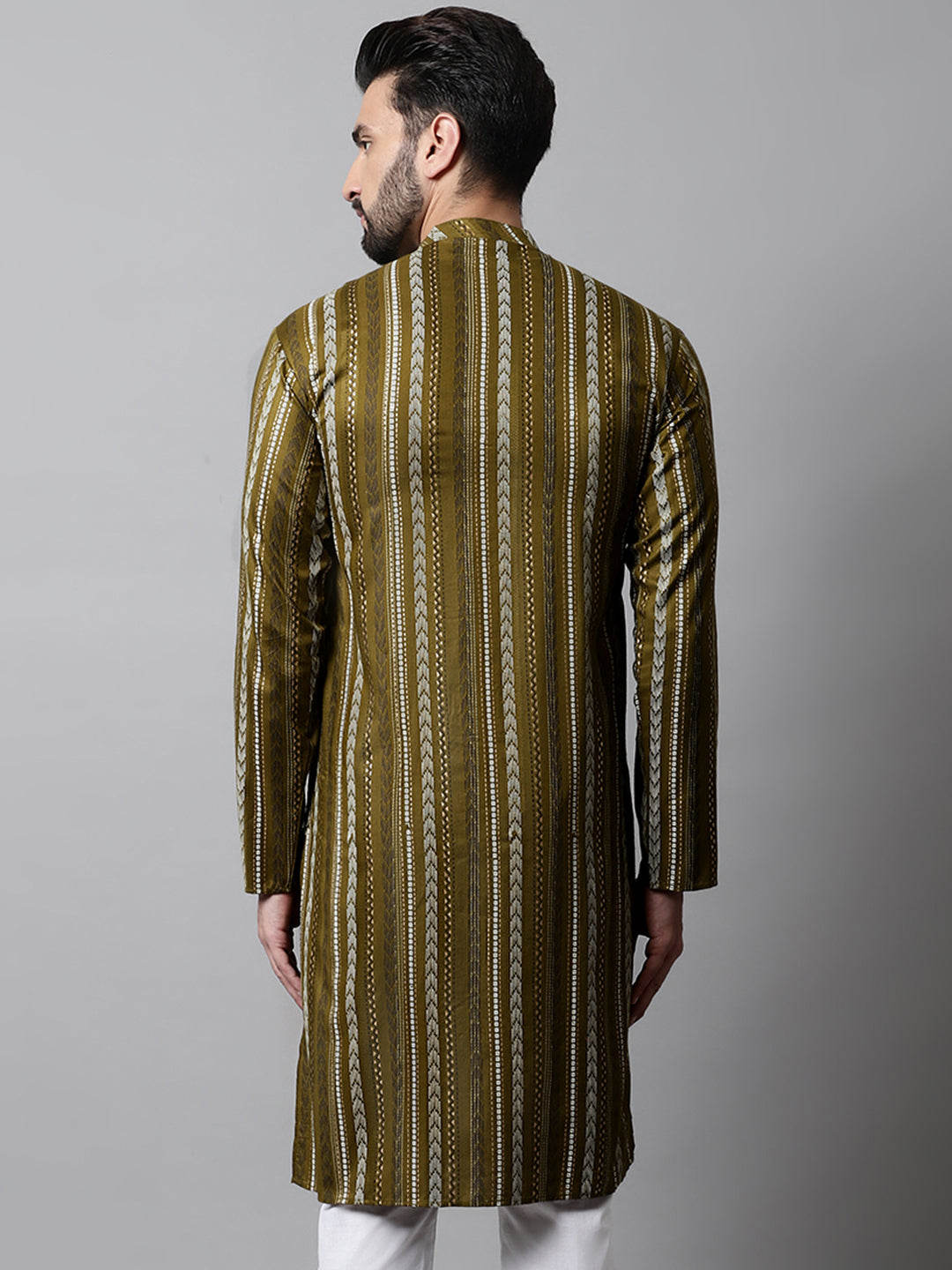 Men Olive Green Foil Printed Kurtas