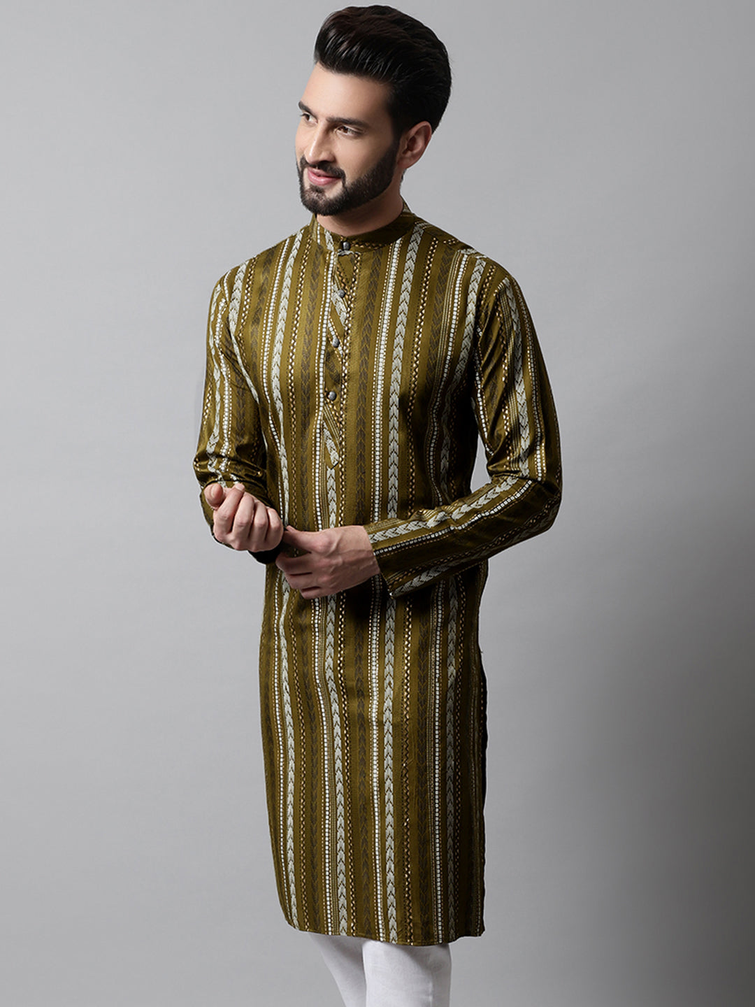 Men Olive Green Foil Printed Kurtas