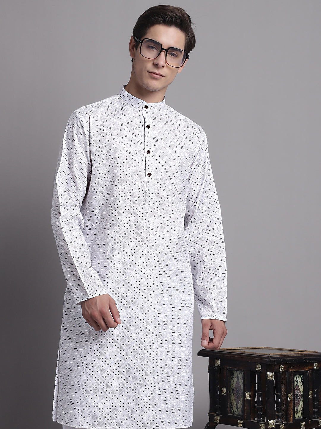 Men's White Printed Pure Cotton Kurta