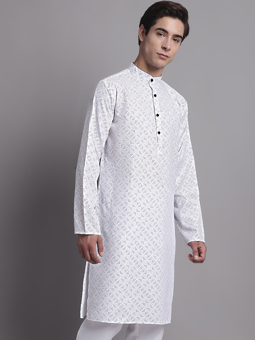 Men's White Printed Pure Cotton Kurta