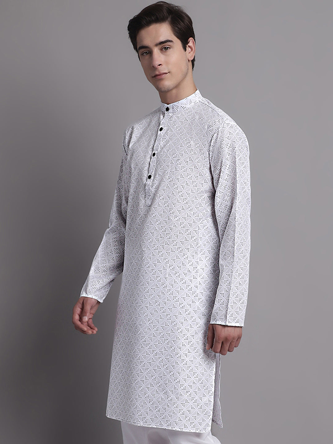 Men's White Printed Pure Cotton Kurta