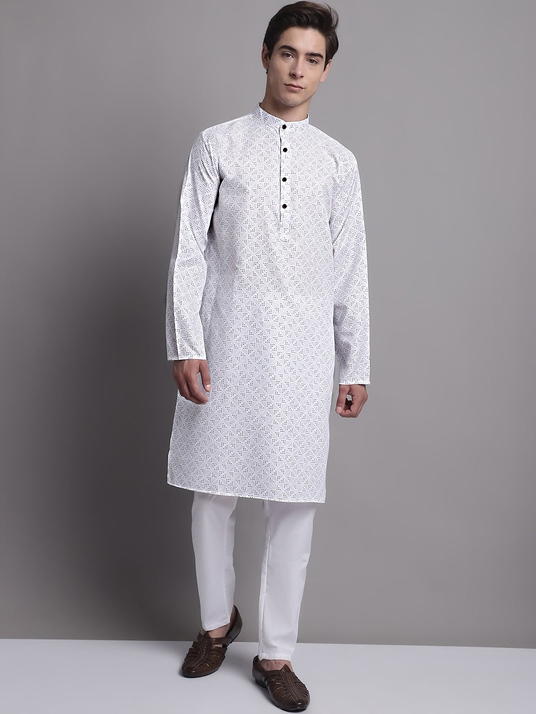 Men's White Printed Pure Cotton Kurta