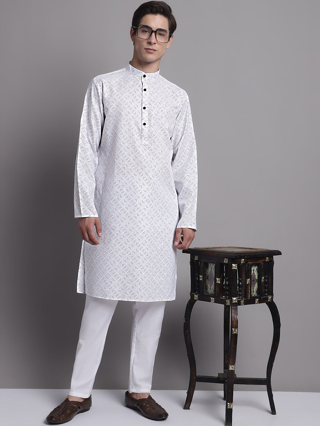 Men's White Printed Pure Cotton Kurta