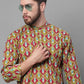 Men's Olive and Maroon Ikkat Printed Short Kurtas