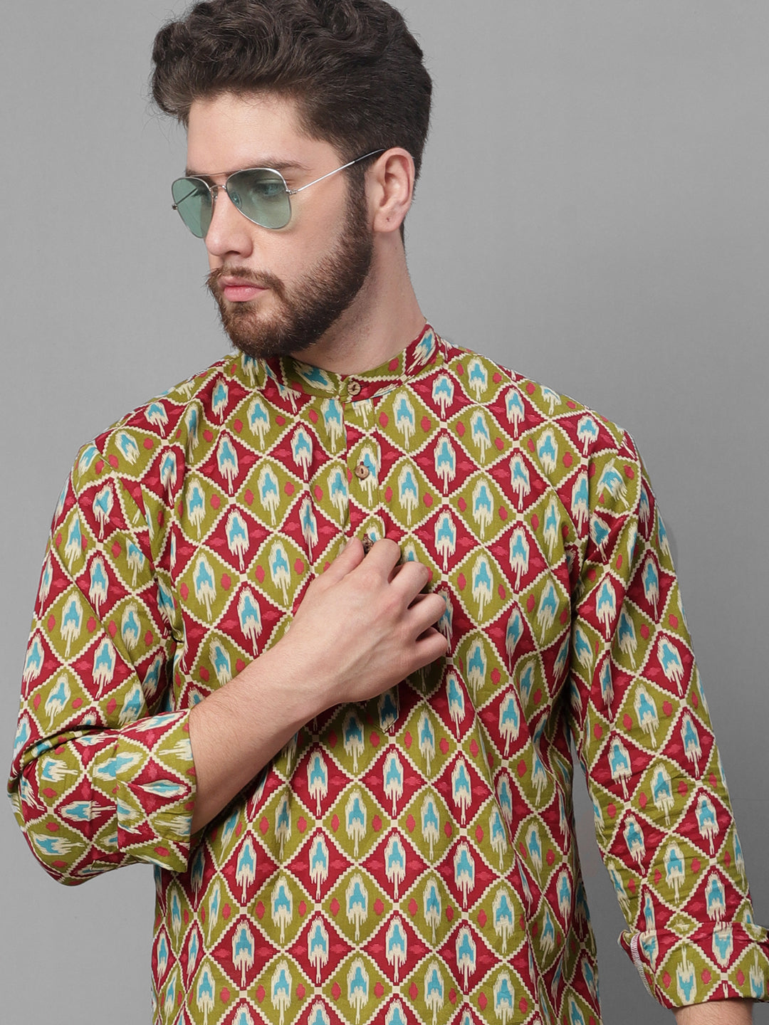 Men's Olive and Maroon Ikkat Printed Short Kurtas