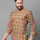 Men's Olive and Maroon Ikkat Printed Short Kurtas