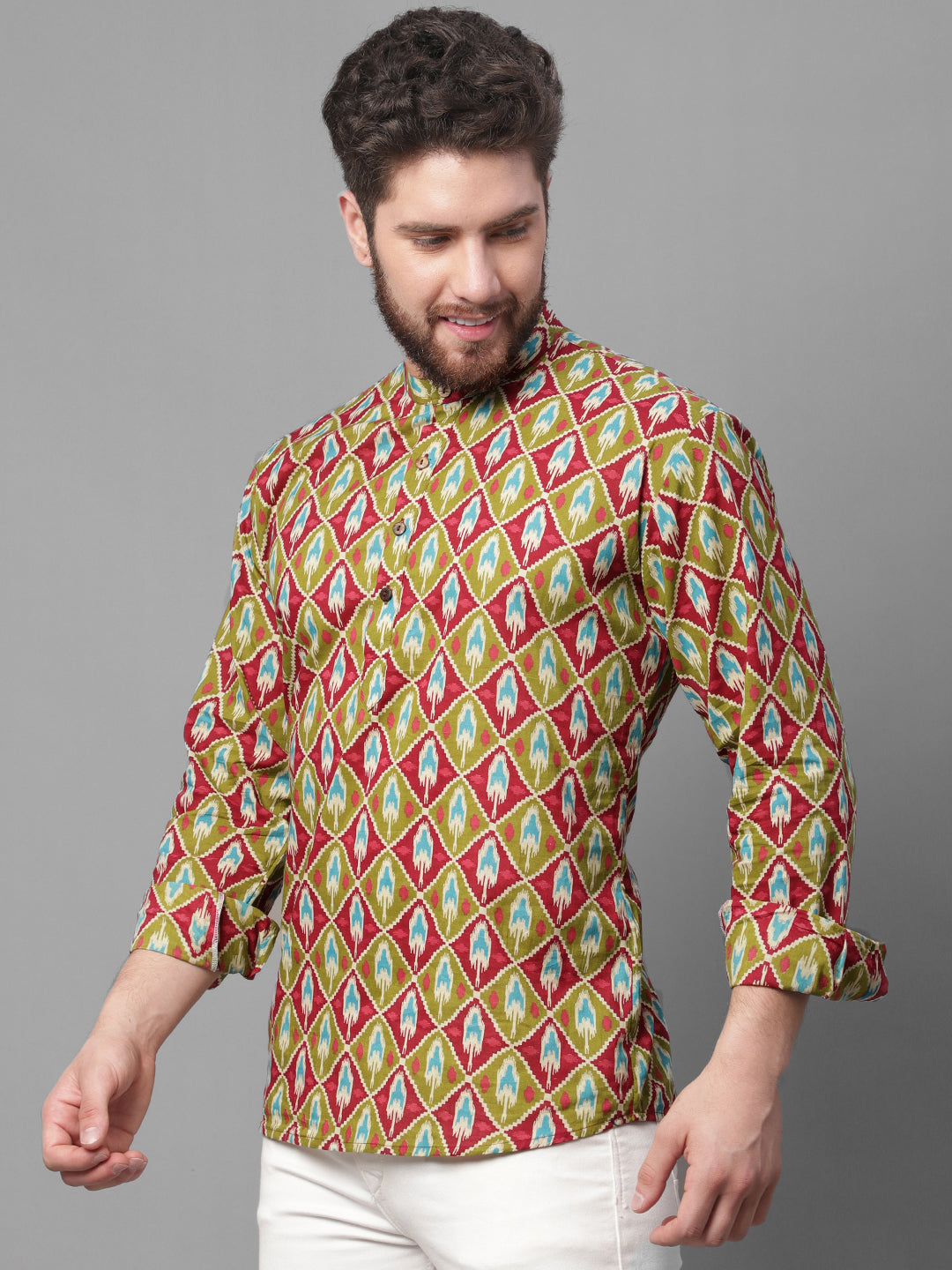 Men's Olive and Maroon Ikkat Printed Short Kurtas