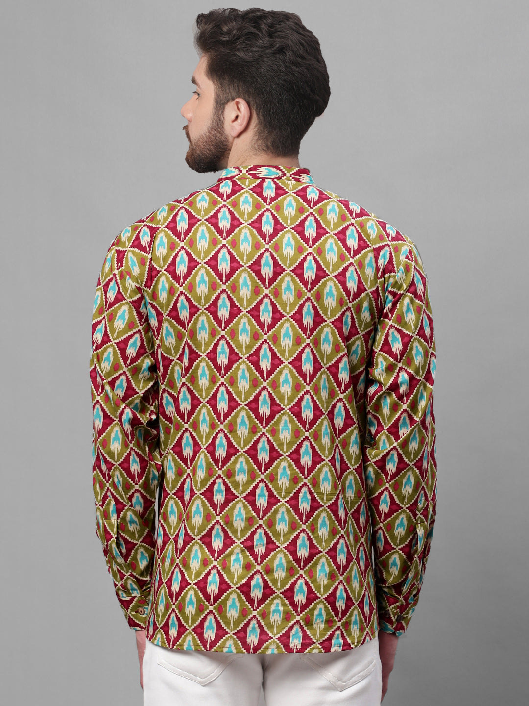 Men's Olive and Maroon Ikkat Printed Short Kurtas