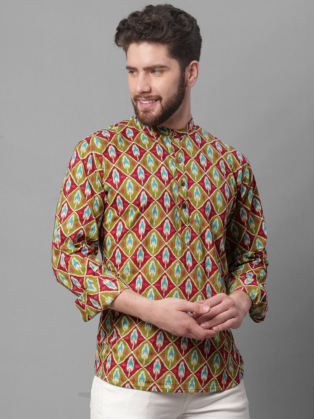 Men's Olive and Maroon Ikkat Printed Short Kurtas