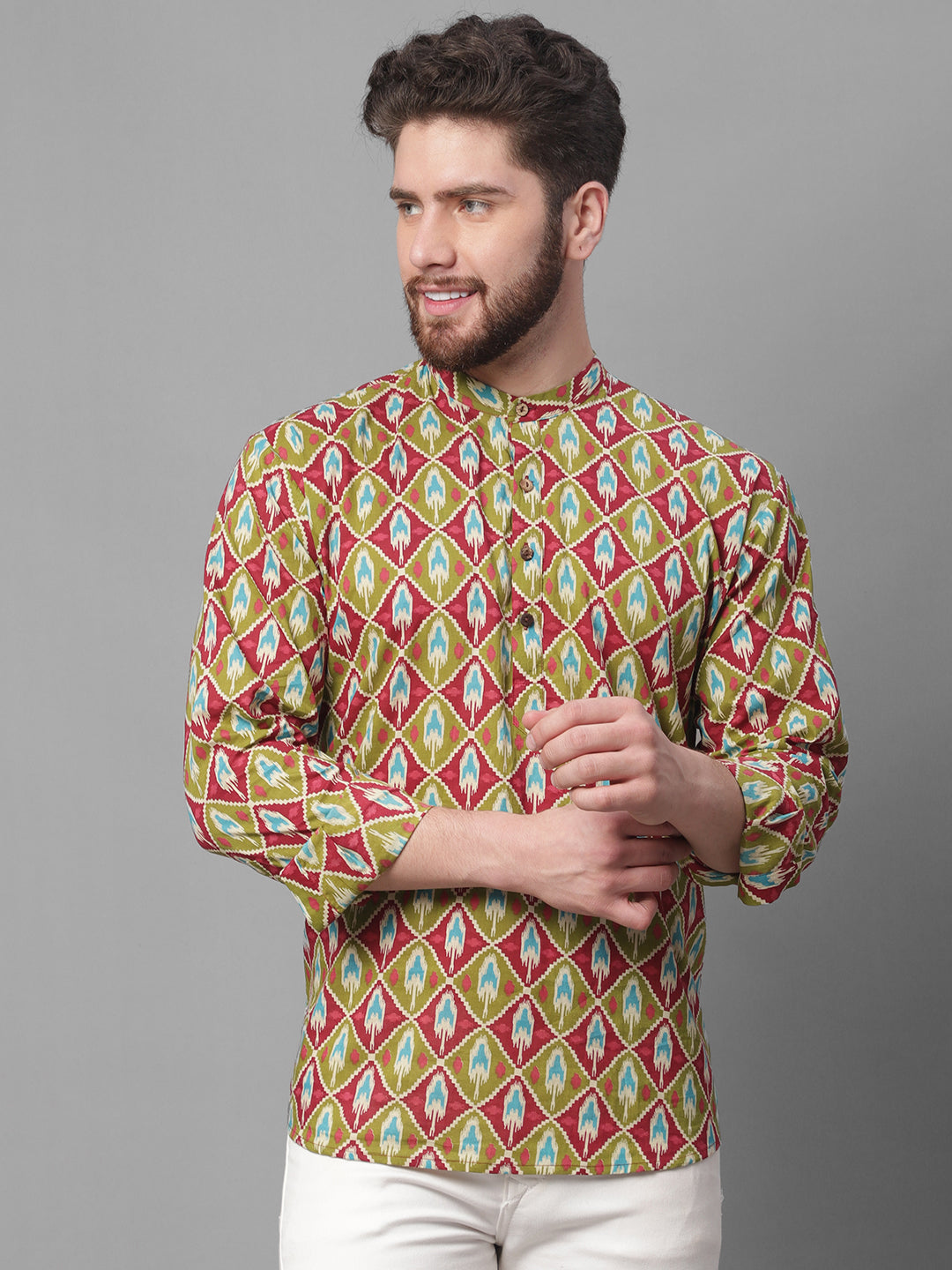 Men's Olive and Maroon Ikkat Printed Short Kurtas