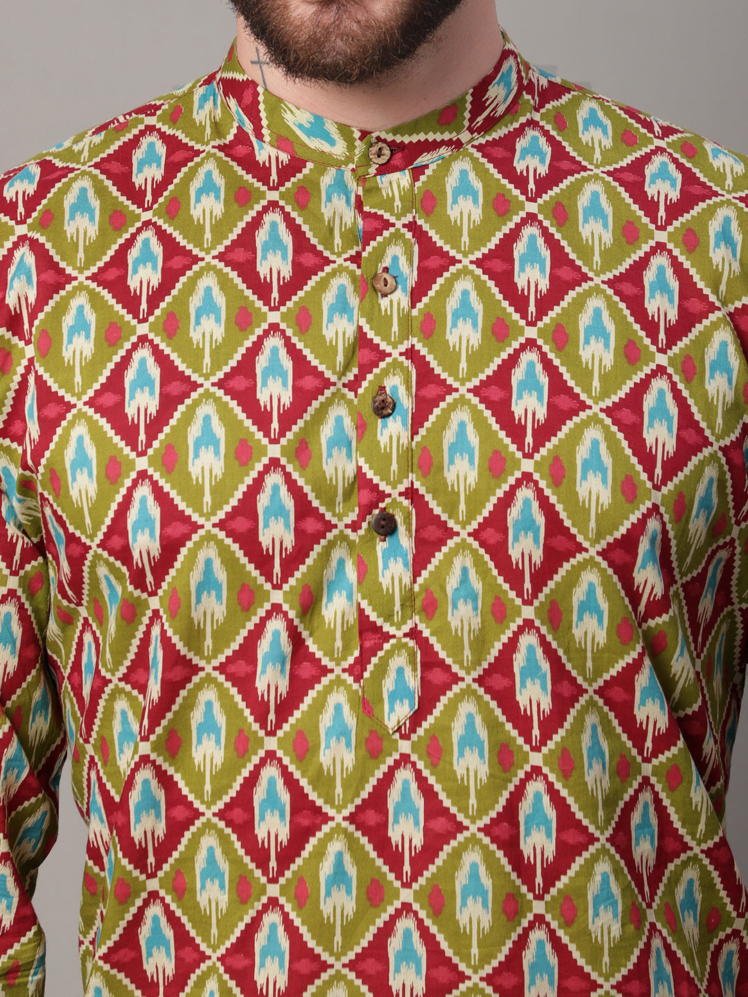 Men's Olive and Maroon Ikkat Printed Short Kurtas