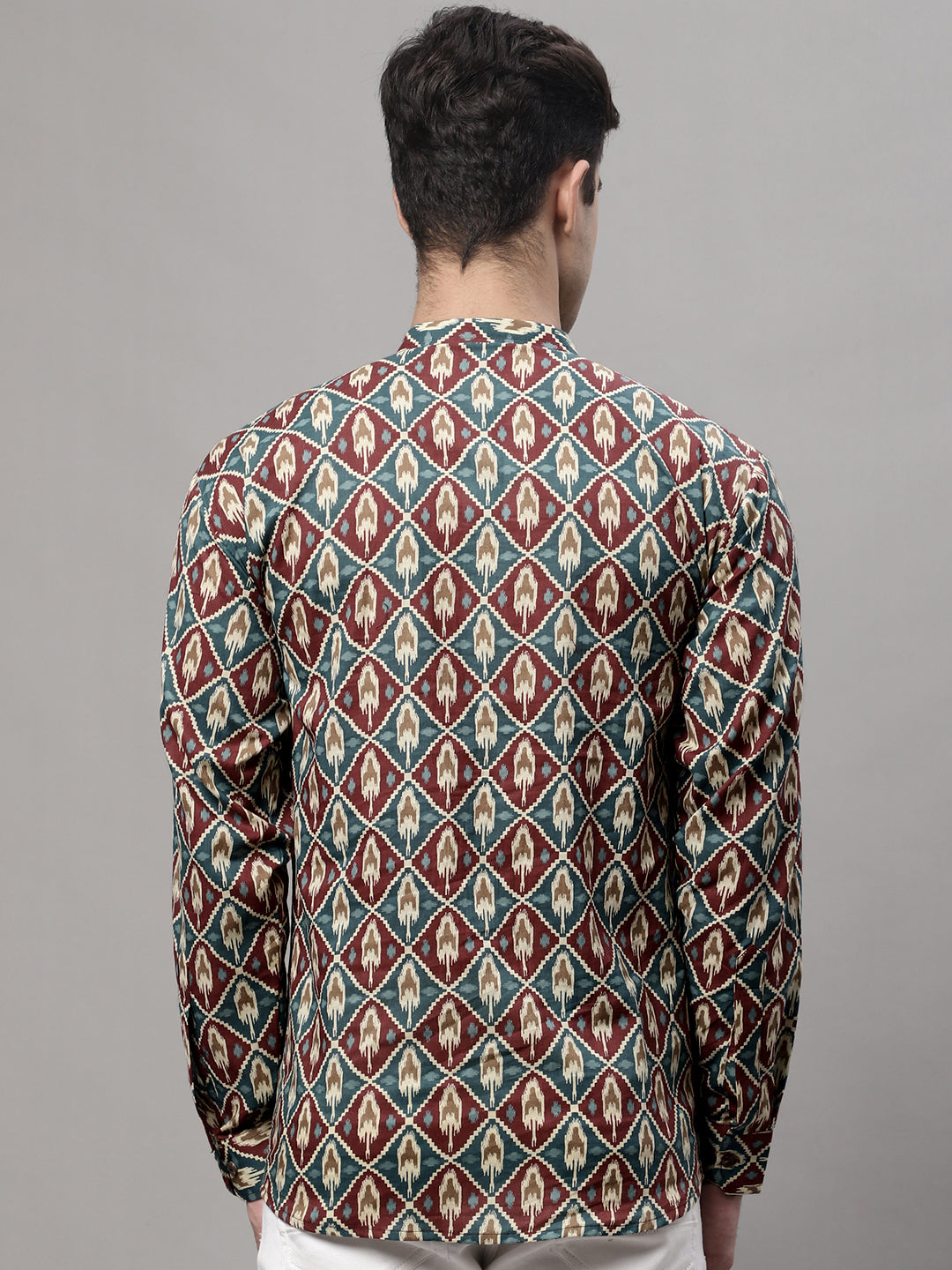 Men's Blue and Maroon Ikkat Printed Short Kurtas