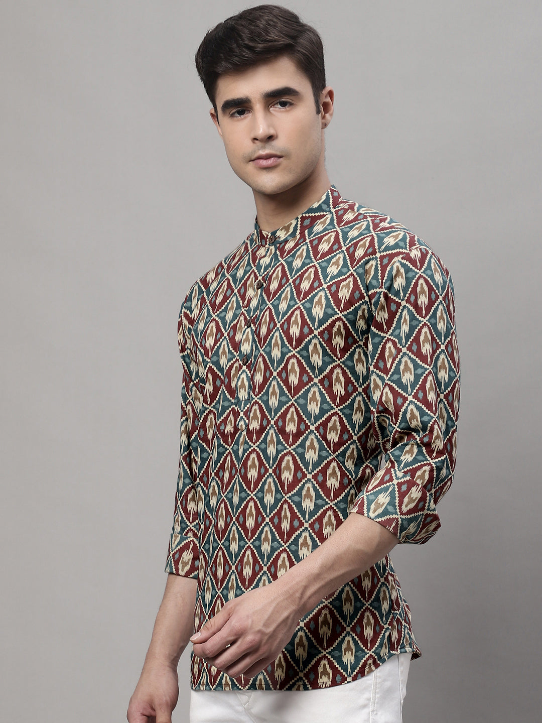 Men's Blue and Maroon Ikkat Printed Short Kurtas