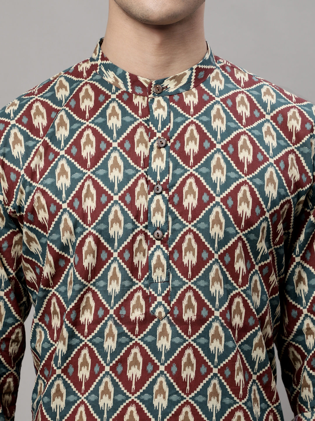 Men's Blue and Maroon Ikkat Printed Short Kurtas