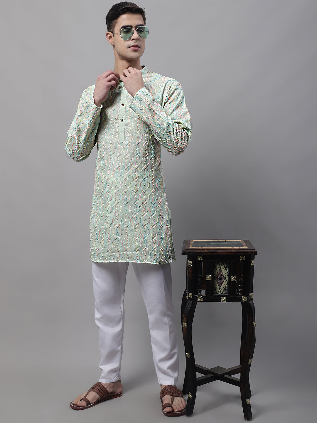 Men's Pista  Green and Multi Coloured Embroidered Straight Kurtas