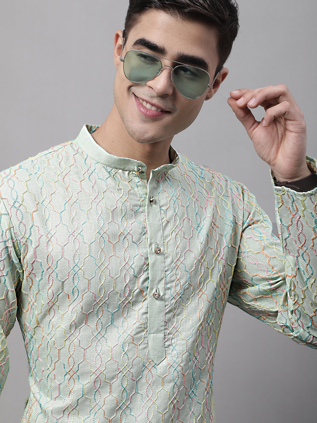 Men's Pista  Green and Multi Coloured Embroidered Straight Kurtas