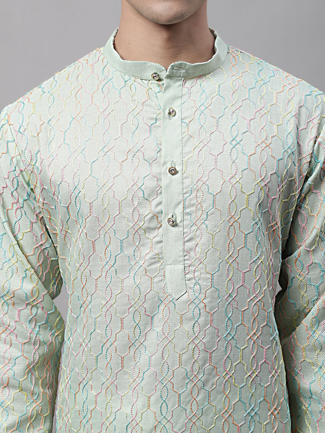 Men's Pista  Green and Multi Coloured Embroidered Straight Kurtas