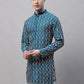 Men's Teal Blue and Multi Coloured Embroidered Straight Kurtas