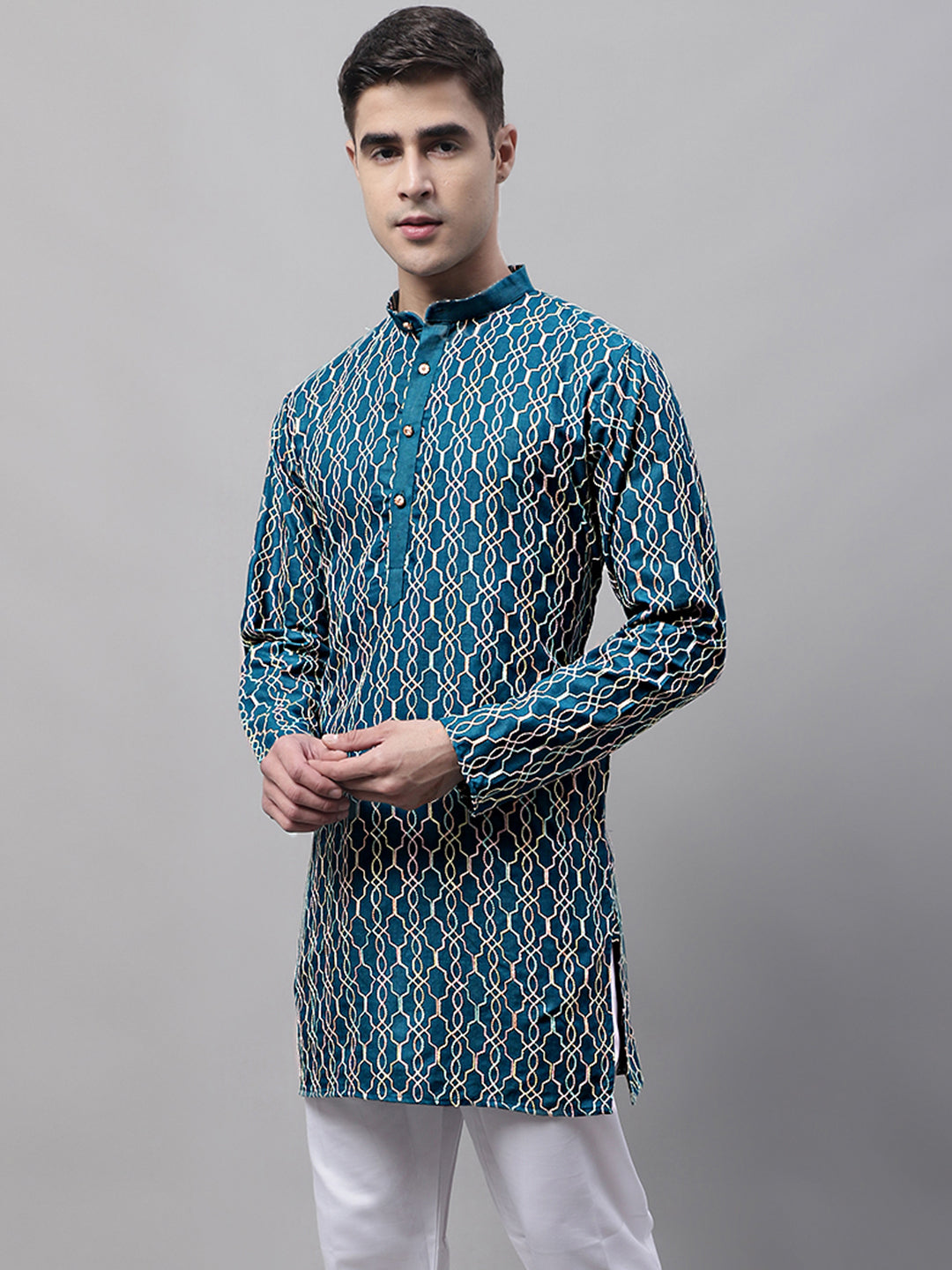 Men's Teal Blue and Multi Coloured Embroidered Straight Kurtas