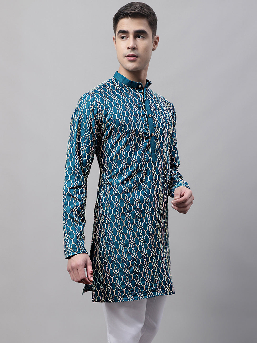 Men's Teal Blue and Multi Coloured Embroidered Straight Kurtas