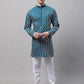 Men's Teal Blue and Multi Coloured Embroidered Straight Kurtas