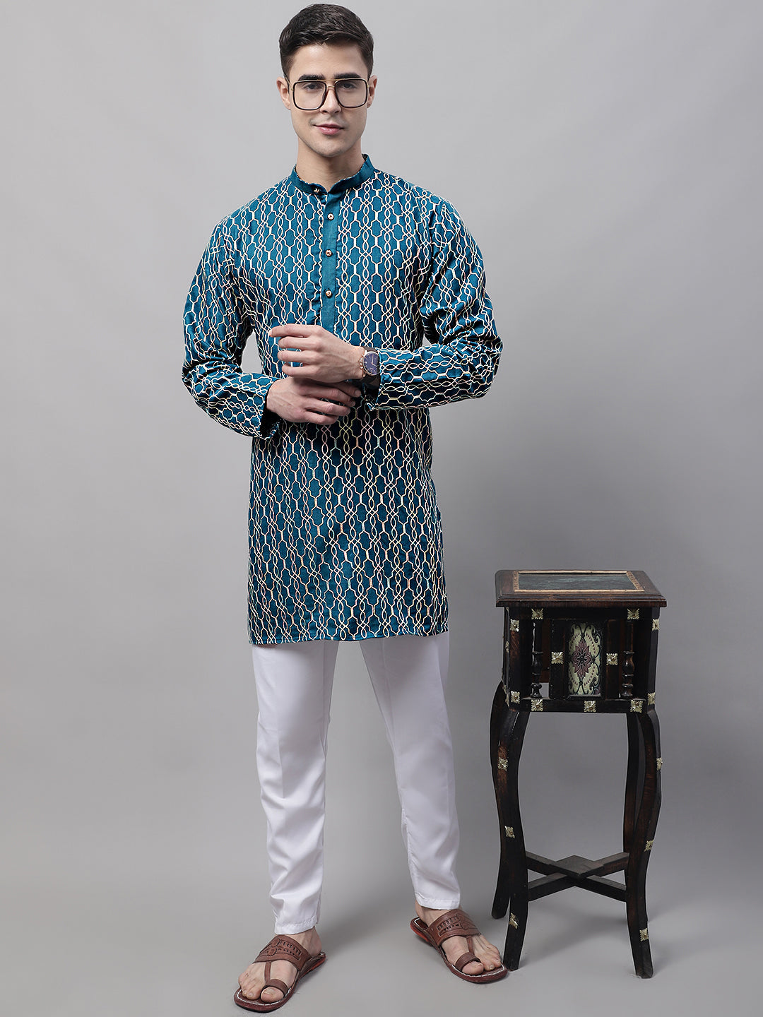 Men's Teal Blue and Multi Coloured Embroidered Straight Kurtas