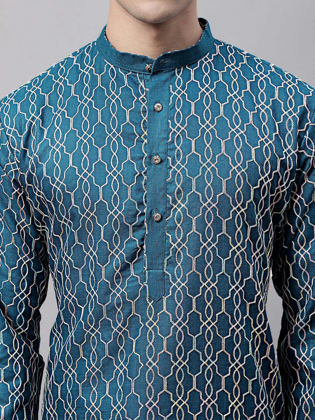 Men's Teal Blue and Multi Coloured Embroidered Straight Kurtas