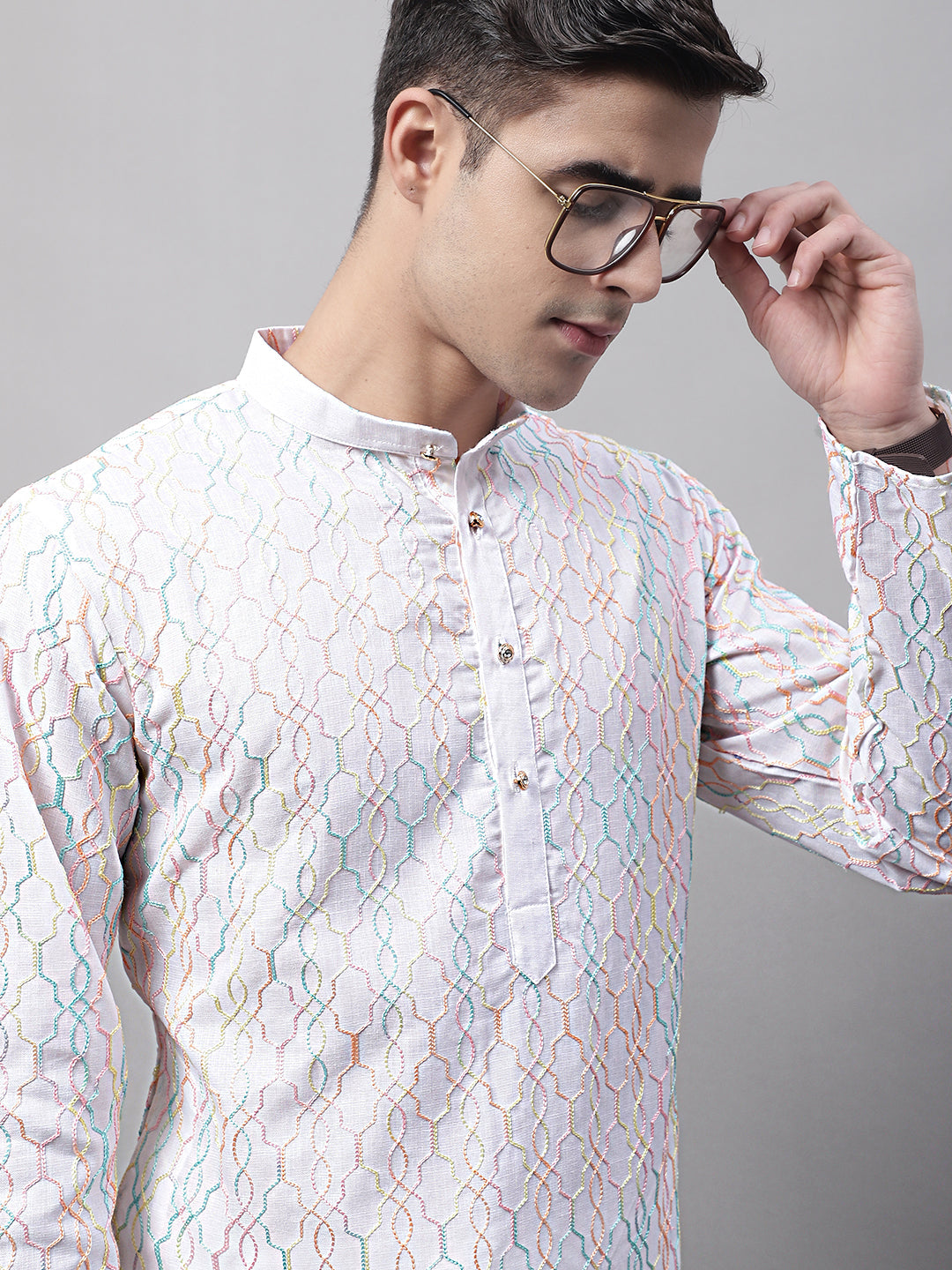 Men's White and Multi Coloured Embroidered Straight Kurtas