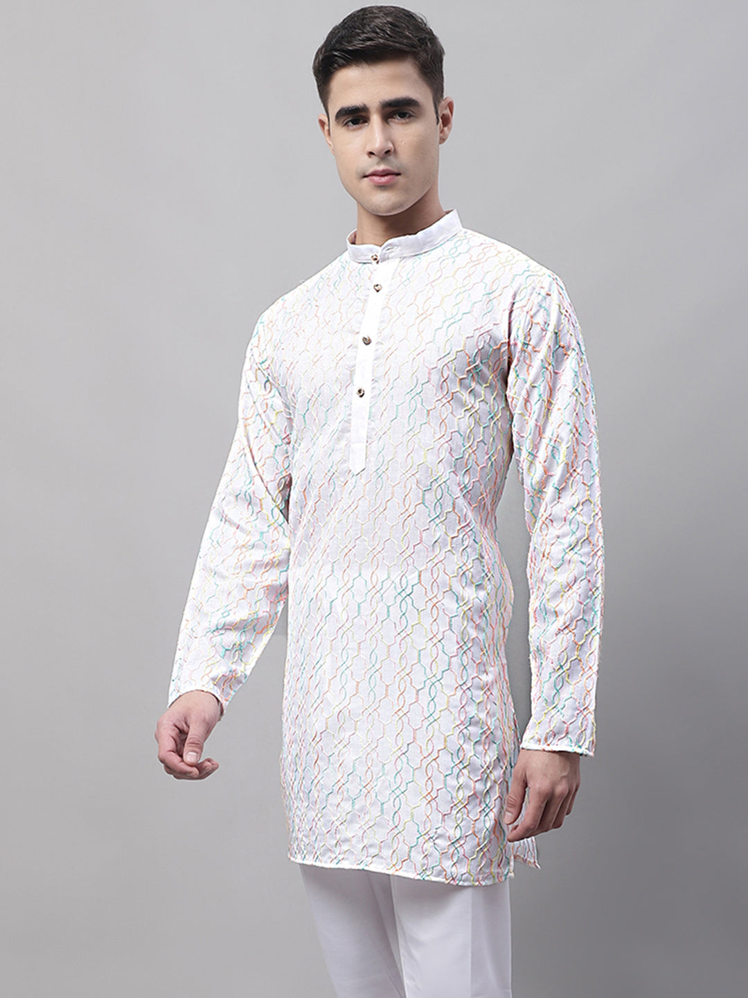 Men's White and Multi Coloured Embroidered Straight Kurtas