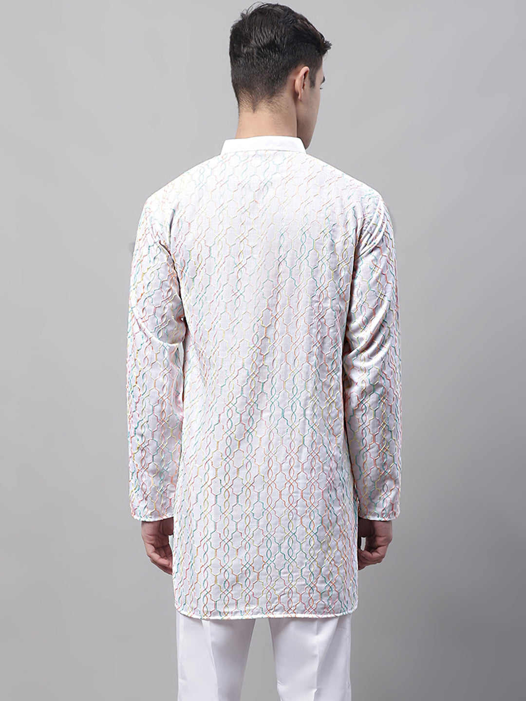 Men's White and Multi Coloured Embroidered Straight Kurtas