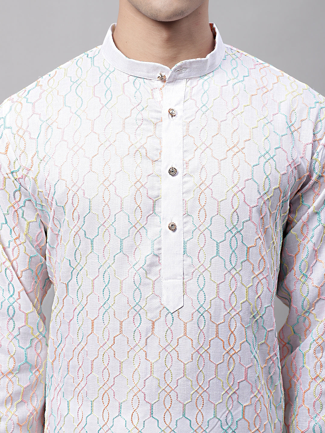 Men's White and Multi Coloured Embroidered Straight Kurtas