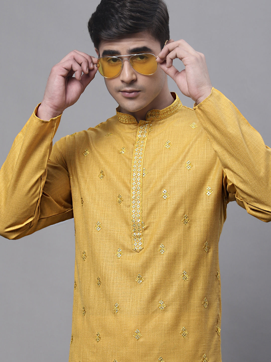 Men's Mustard Embroidered Straight Kurtas