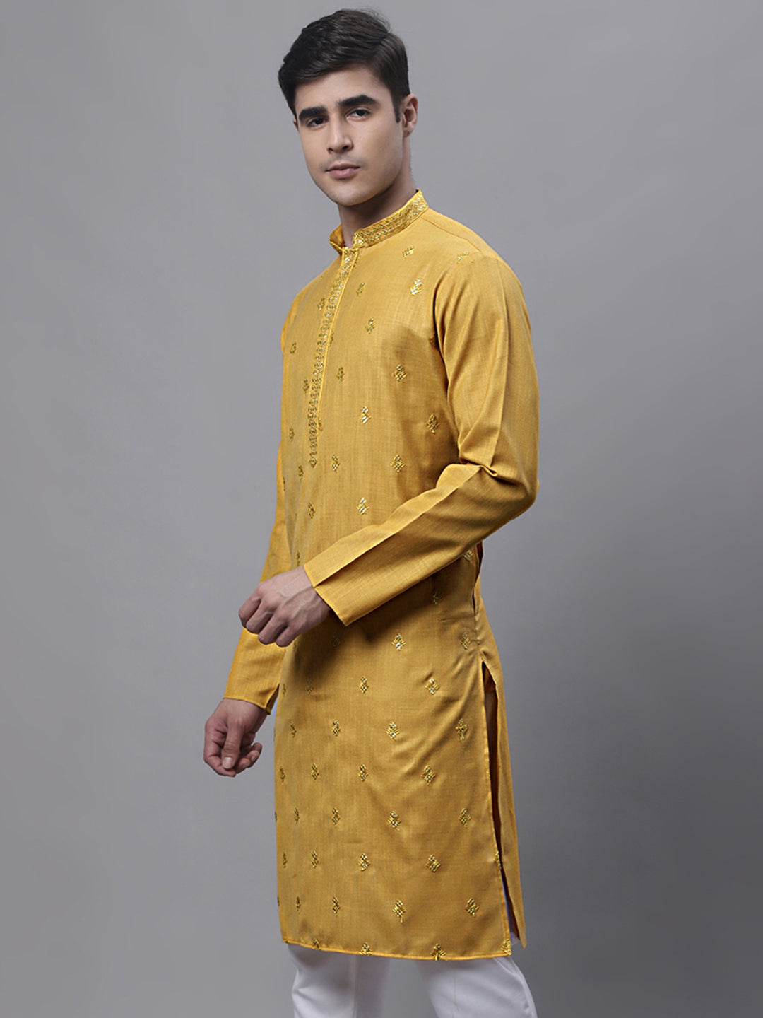 Men's Mustard Embroidered Straight Kurtas