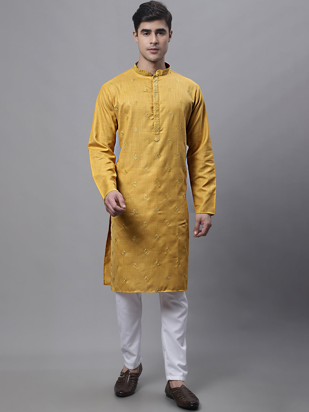 Men's Mustard Embroidered Straight Kurtas