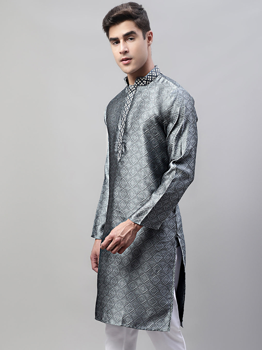 Men's Grey Jacquard Silk Collar Embroidered Kurtas