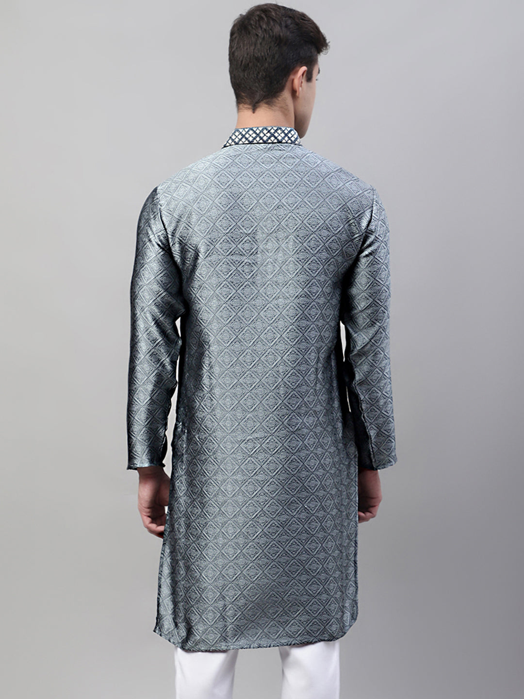 Men's Grey Jacquard Silk Collar Embroidered Kurtas