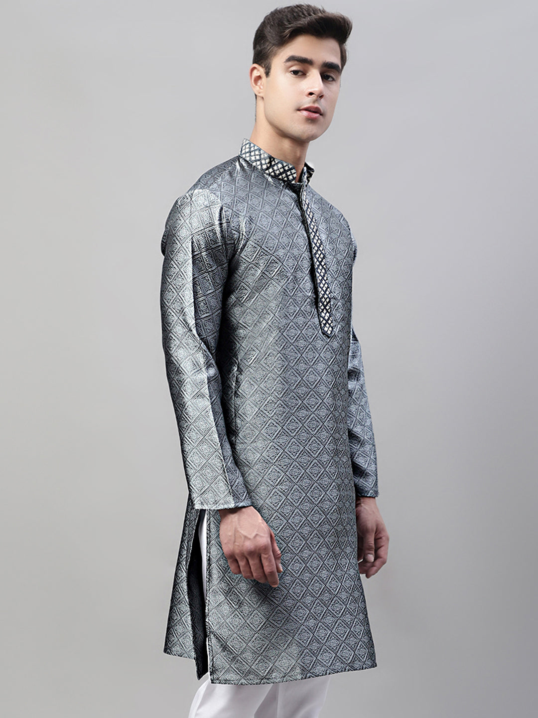 Men's Grey Jacquard Silk Collar Embroidered Kurtas