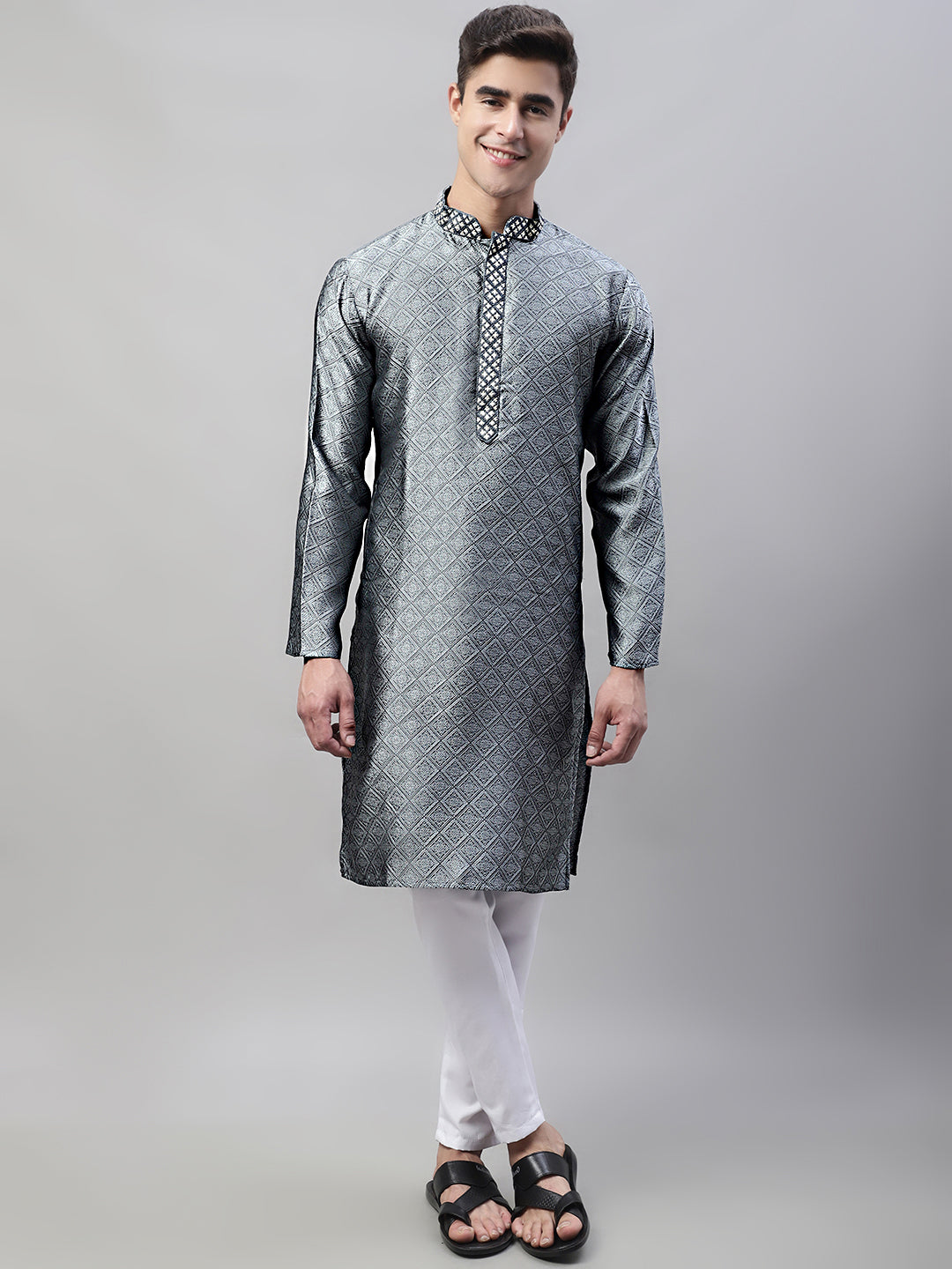 Men's Grey Jacquard Silk Collar Embroidered Kurtas