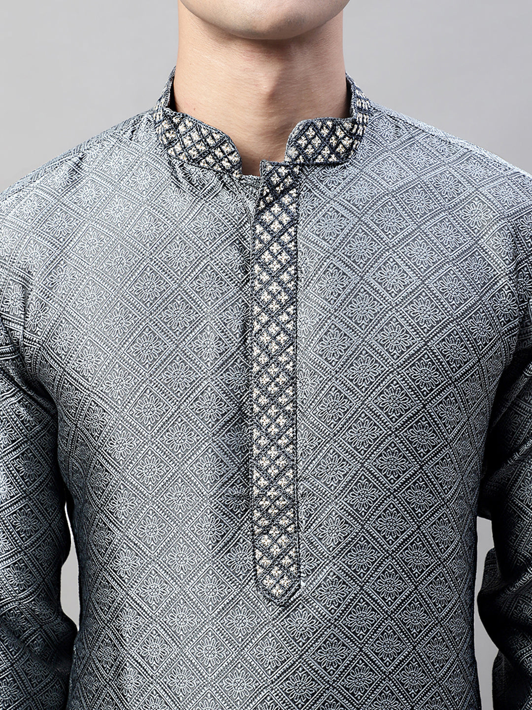 Men's Grey Jacquard Silk Collar Embroidered Kurtas