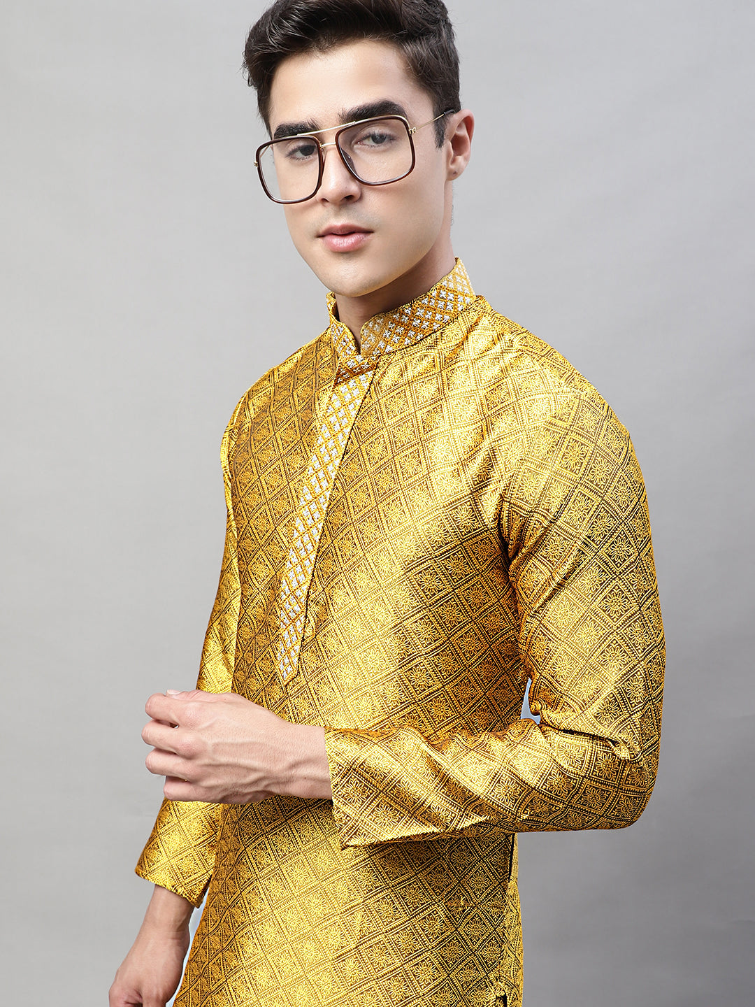 Men's Mustard Jacquard Silk Collar Embroidered Kurtas