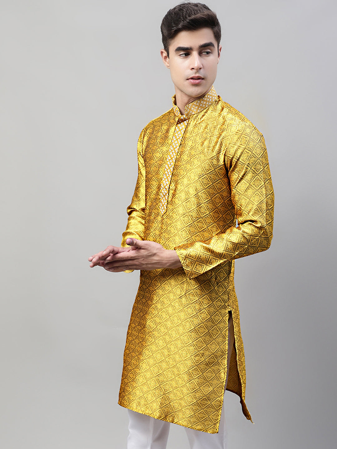 Men's Mustard Jacquard Silk Collar Embroidered Kurtas