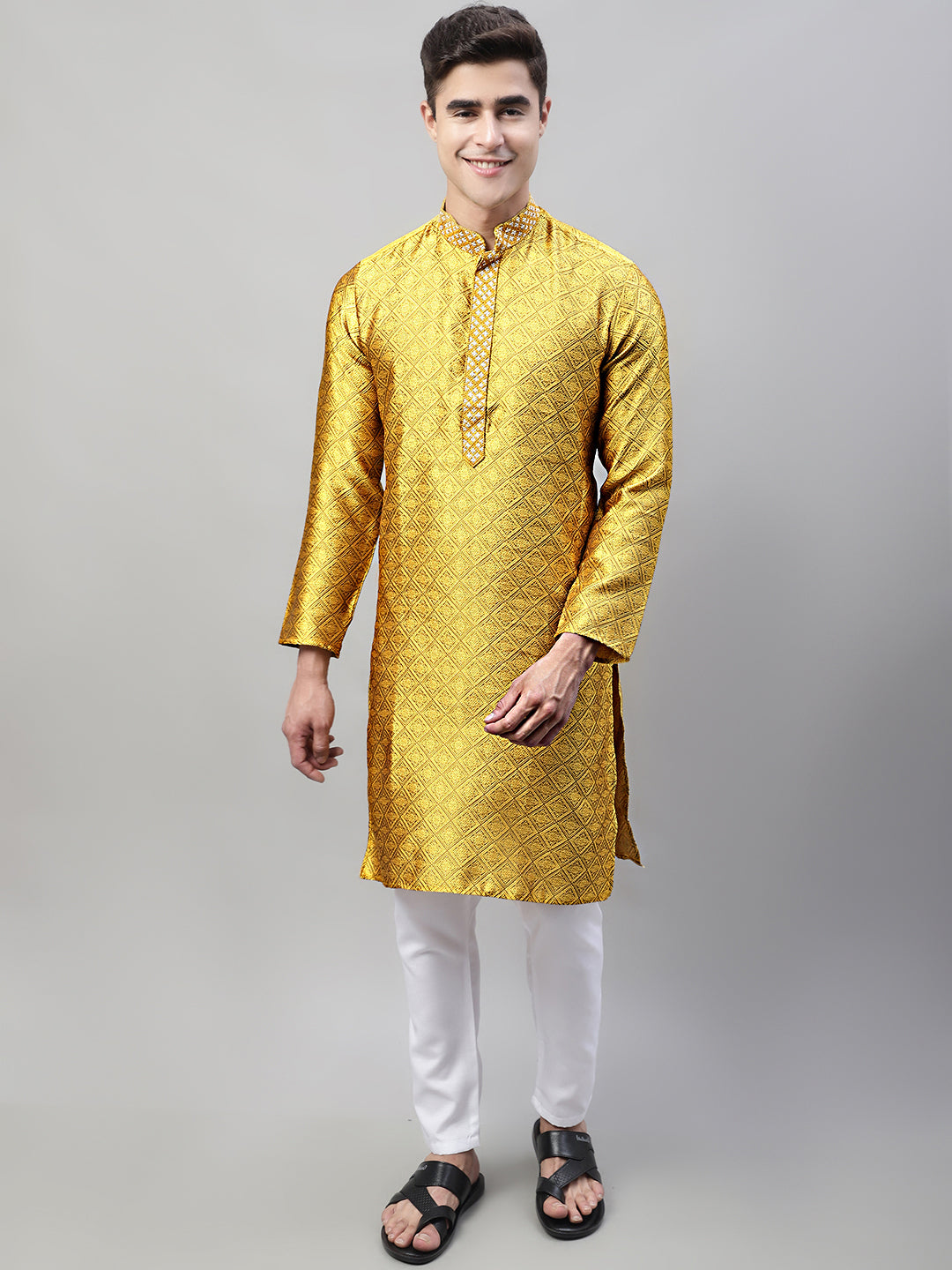 Men's Mustard Jacquard Silk Collar Embroidered Kurtas