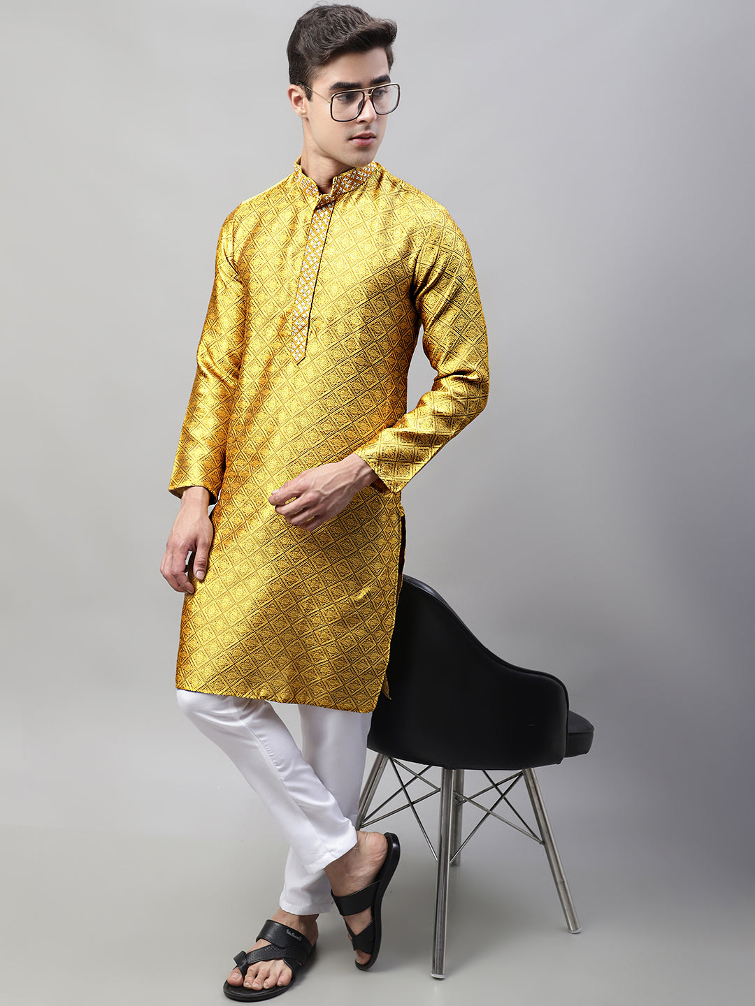 Men's Mustard Jacquard Silk Collar Embroidered Kurtas