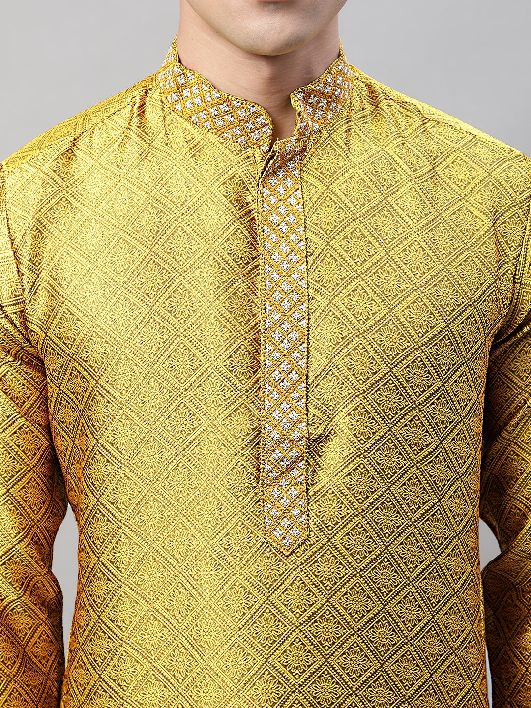 Men's Mustard Jacquard Silk Collar Embroidered Kurtas